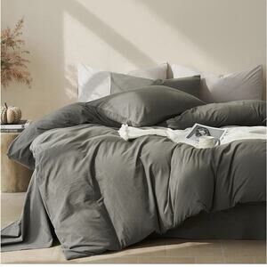 JELLYMONI Duvet Cover Set Washed Cotton Linen Like Texture Dark Gray Queen